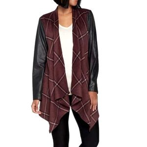 Lisa Rinna Collection, open front, plaid jacket with faux leather sleeves. XS